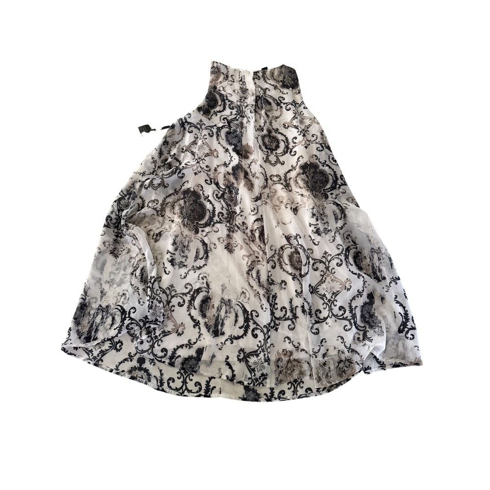 Alfani Womens Damask Scroll Pleated Neck Sleeveless Blouse White Black Tan Sz 8